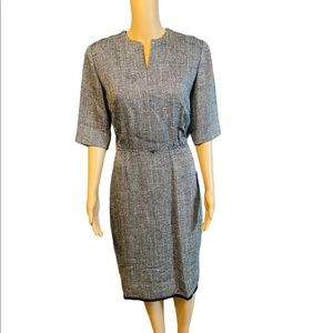 Vintage 60s Black White Flecked Wool V Neck Wiggle Mod Retro Dress S 36-38x28x38